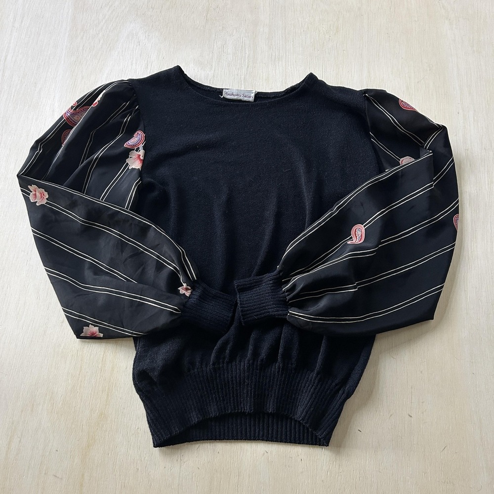 Vintage Anthony Sicari Sweater Womens Large Black Paisley Balloon Sleeve Knit